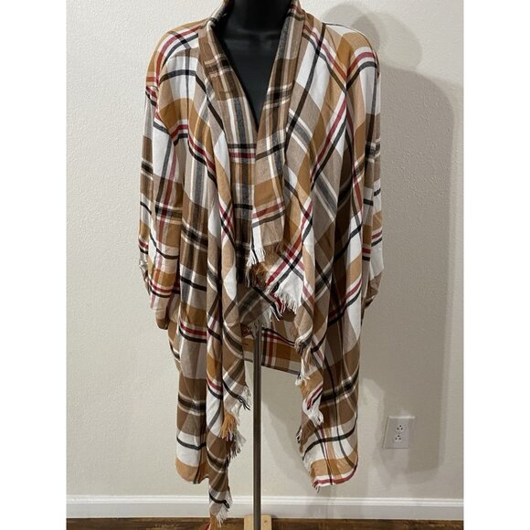 Maurices Womens 1X Open Blouse Plaid Fringe Roll Tab Sleeves - Picture 1 of 11